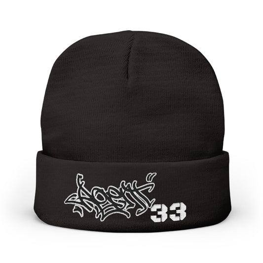 Embroidered Graffiti Knit Beanie — Street Style Beanie with '33' Detail