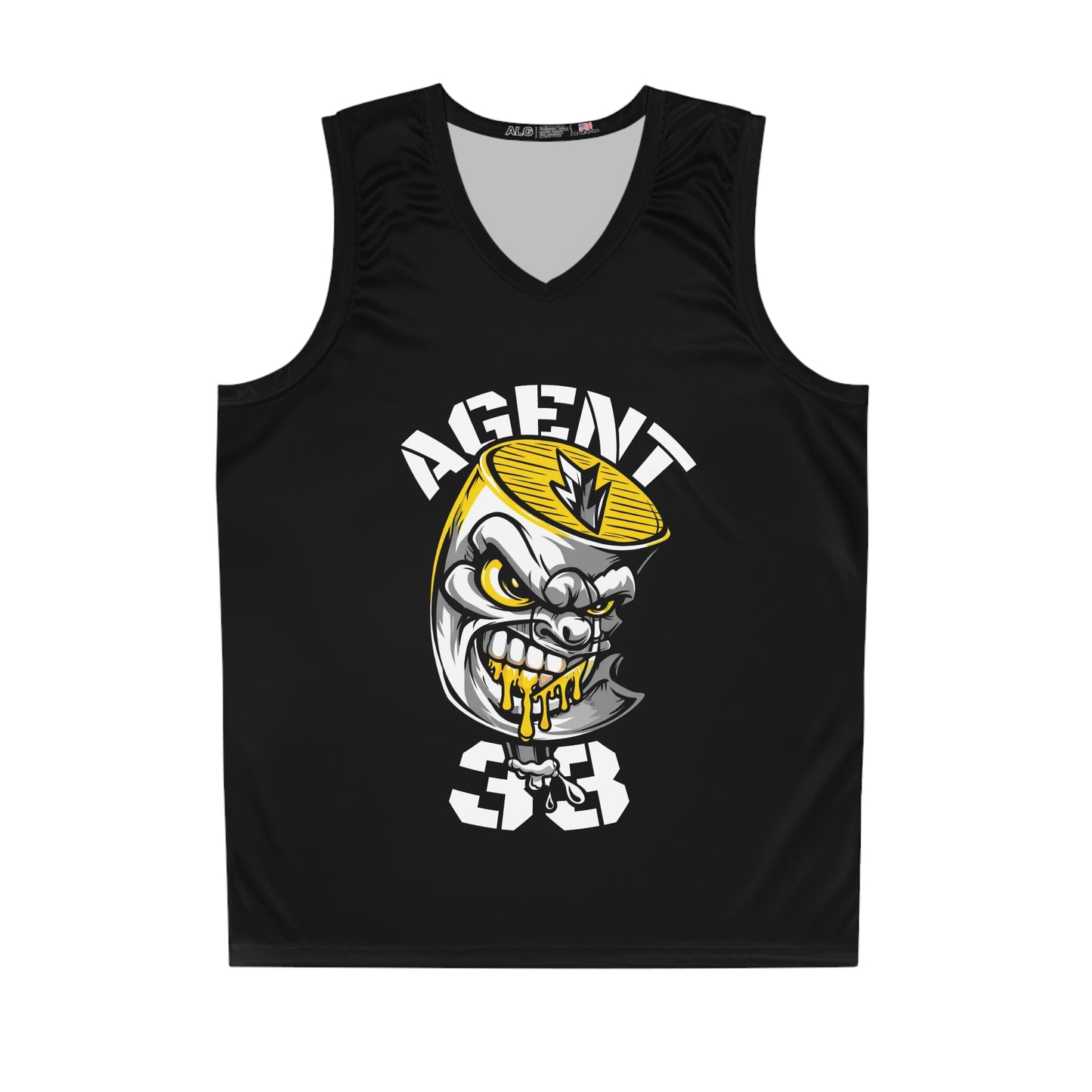 Agent 33 FatCap Basketball Jersey — Black AOP Hoop Tank with Mascot Logo