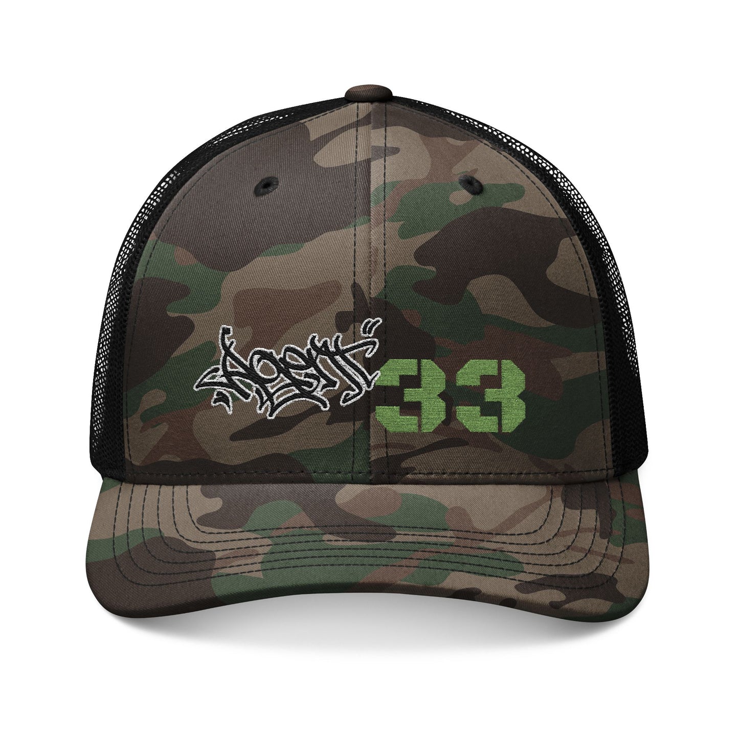 Camouflage Trucker Hat — Embroidered Graffiti '83 Military Cap