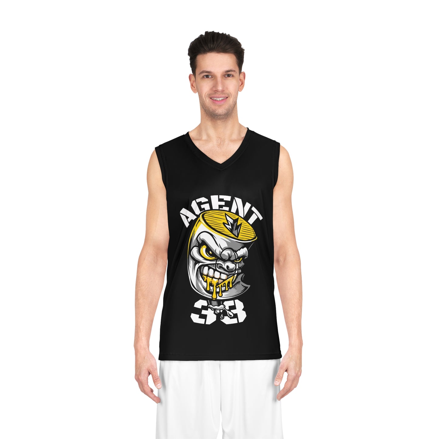 Agent 33 FatCap Basketball Jersey — Black AOP Hoop Tank with Mascot Logo