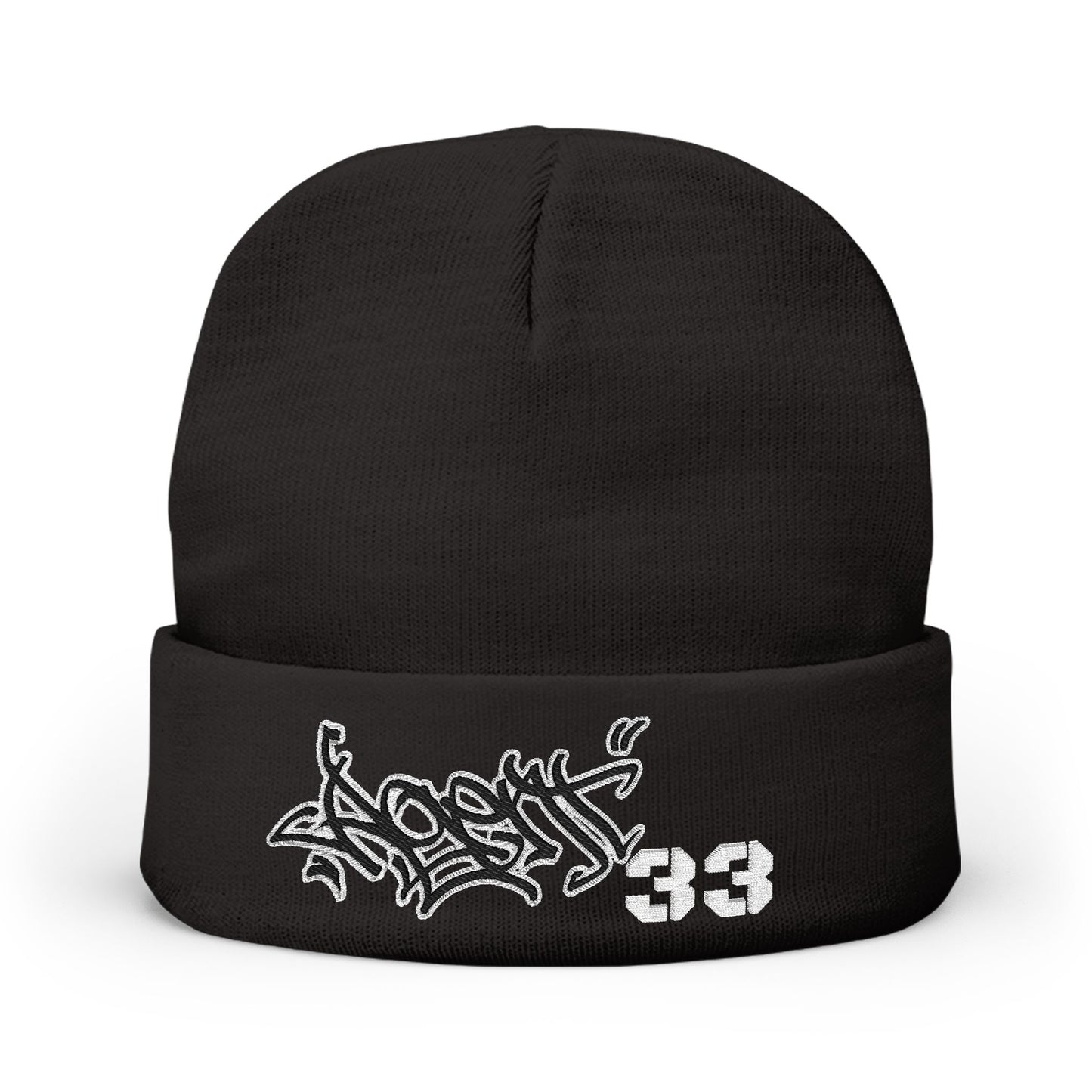 Embroidered Graffiti Knit Beanie — Street Style Beanie with '33' Detail