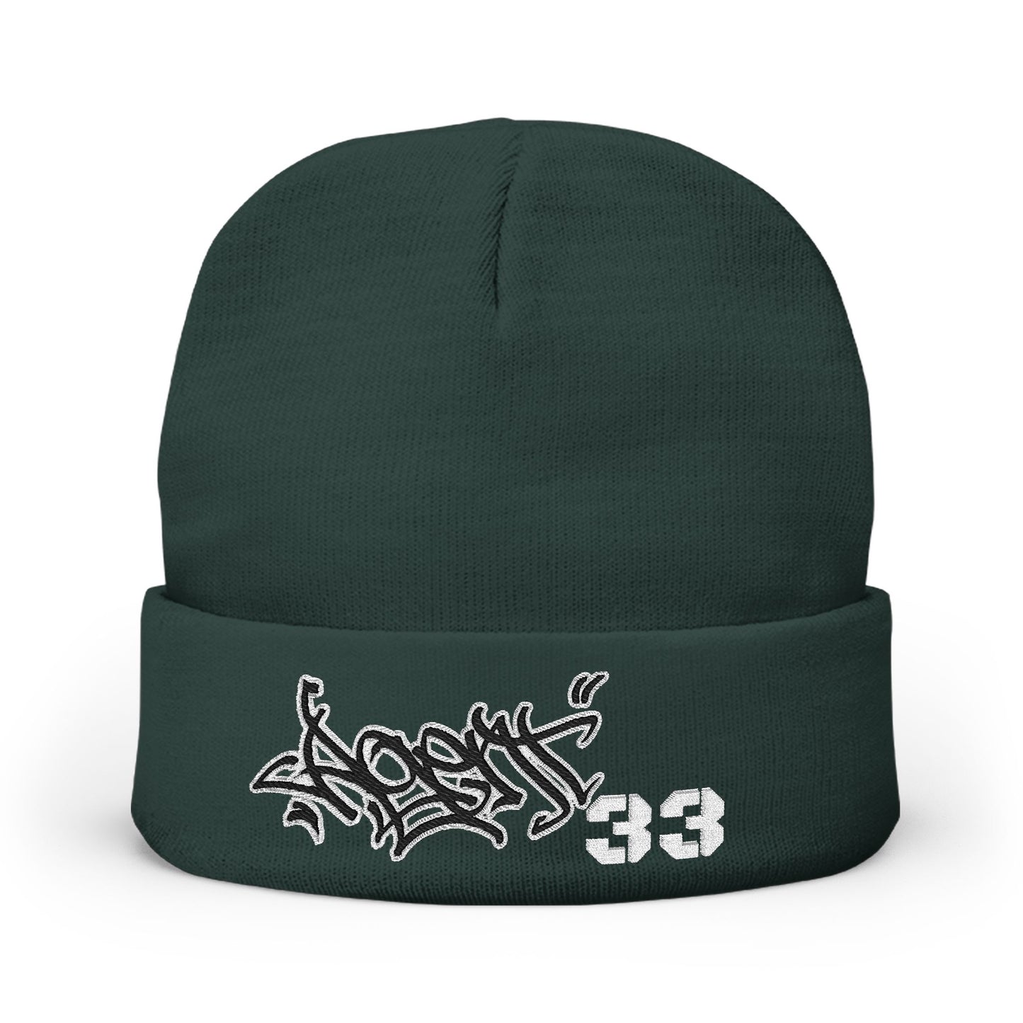 Embroidered Graffiti Knit Beanie — Street Style Beanie with '33' Detail