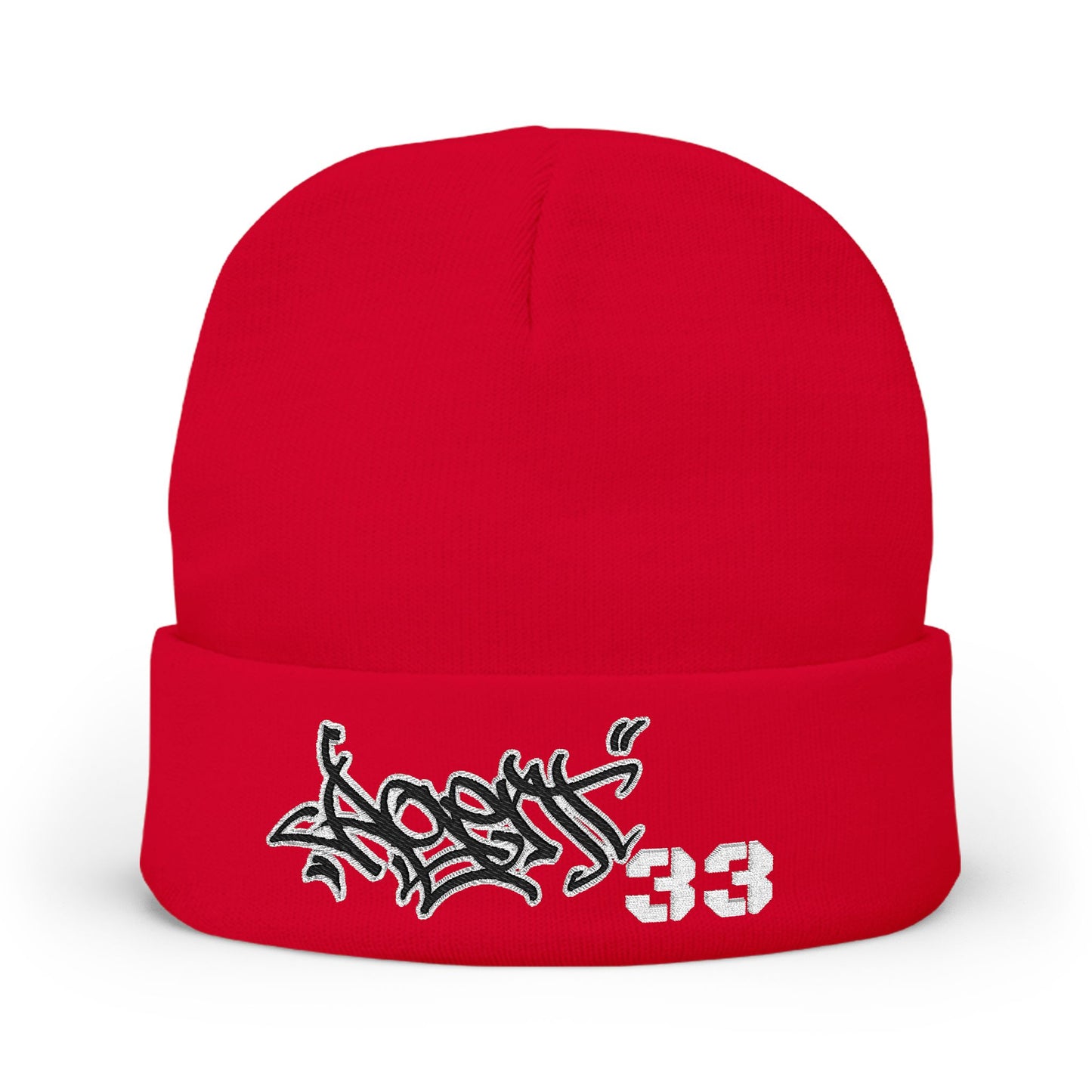 Embroidered Graffiti Knit Beanie — Street Style Beanie with '33' Detail